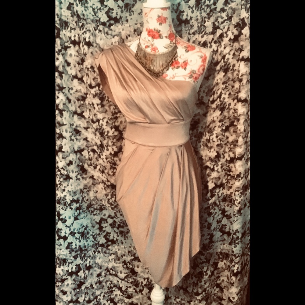 Bebe One-Shoulder Taupe Midi Dress